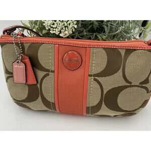 Coach Tan Orange Corner-Zip Signature Logo Canvas and Leather Wristlet Clutch